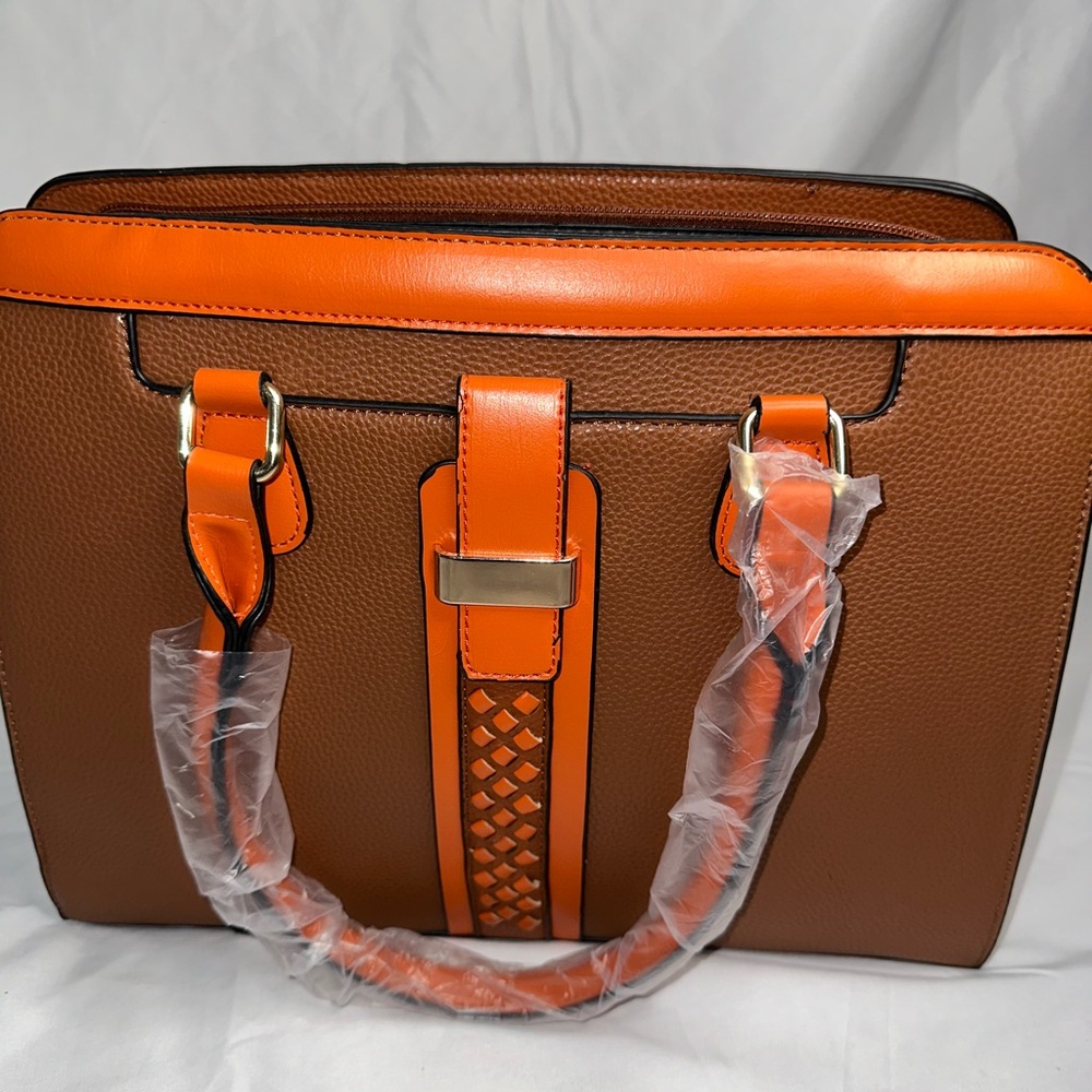 Orange and Brown Structured Satchel with Silver Hardware